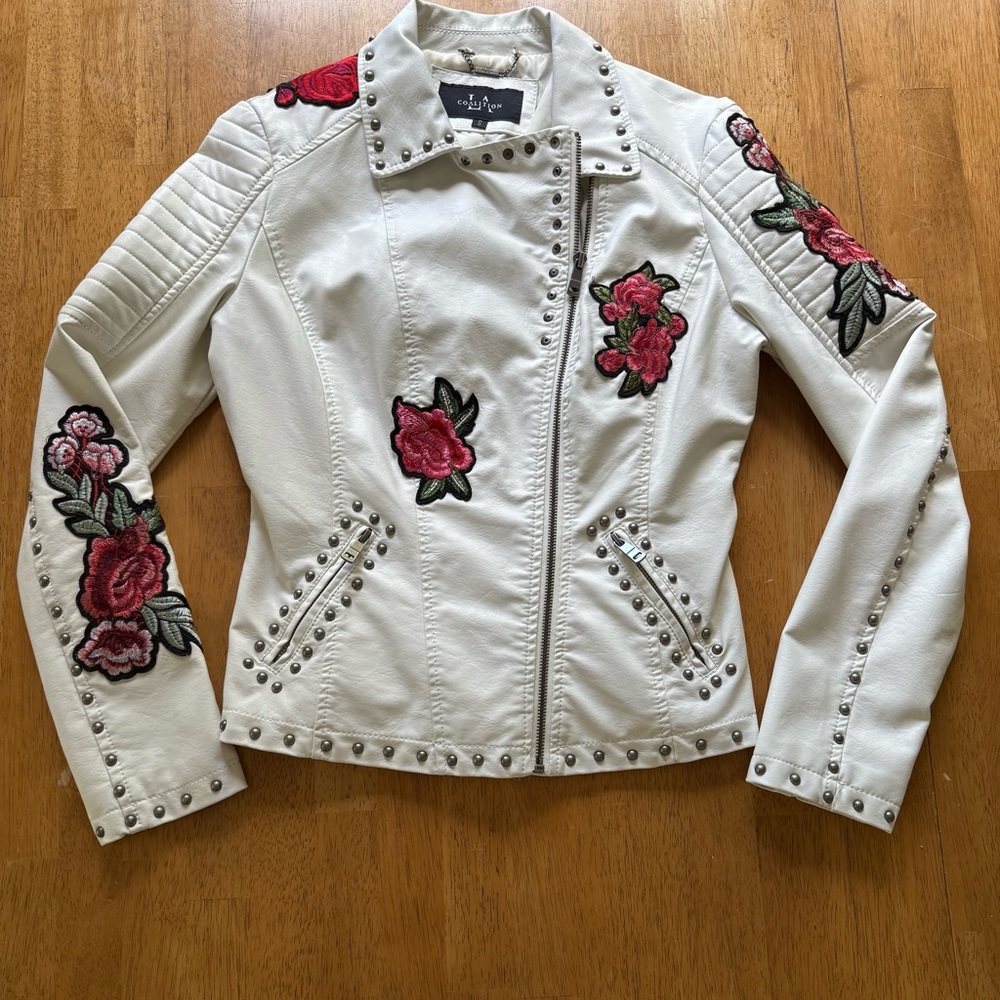 LA Coalition studded faux leather jacket with embroidered floral rose design